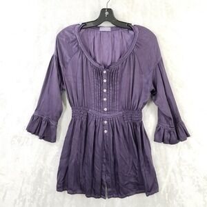 CP Shades Blouse Women Small Purple Pintuck Ruffle Sleeve Elastic Waist Shiny